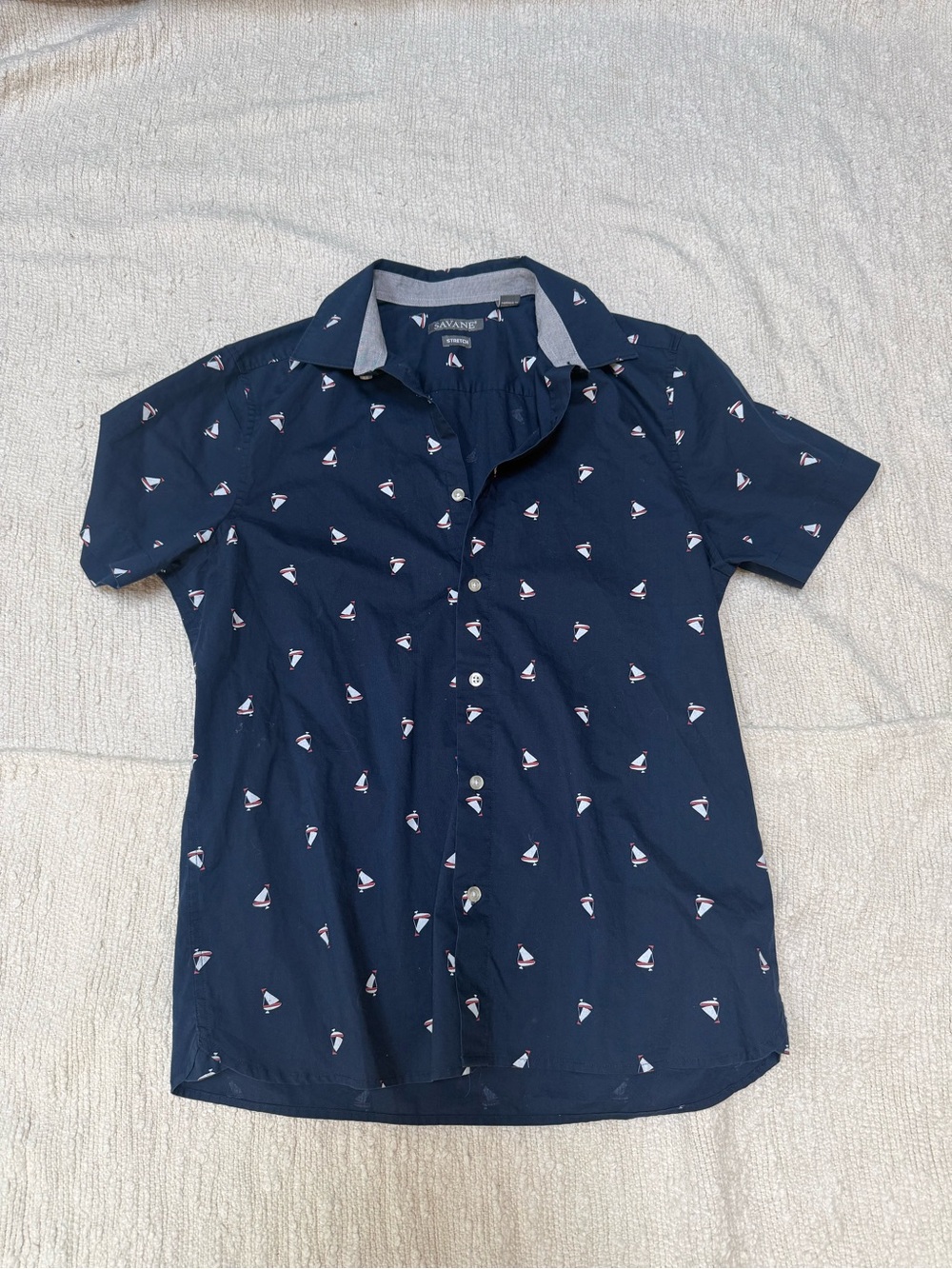 Savane Navy Short-Sleeve Button-Up with Sailboat Print